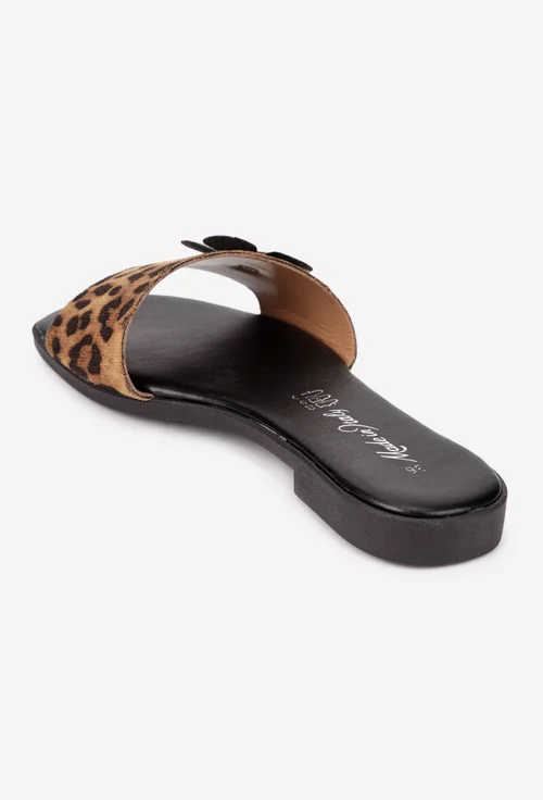 Sandale dama maro cu negru din piele cu floare model tip papuc