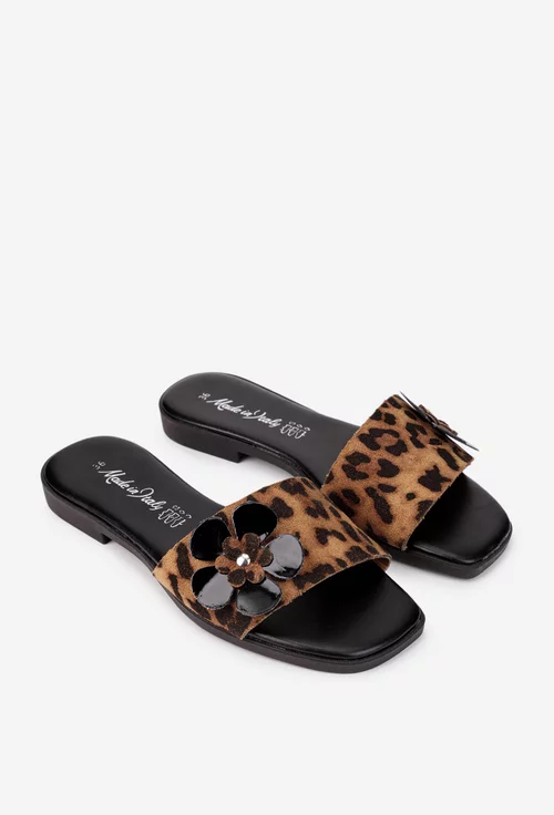 Sandale dama maro cu negru din piele cu floare model tip papuc