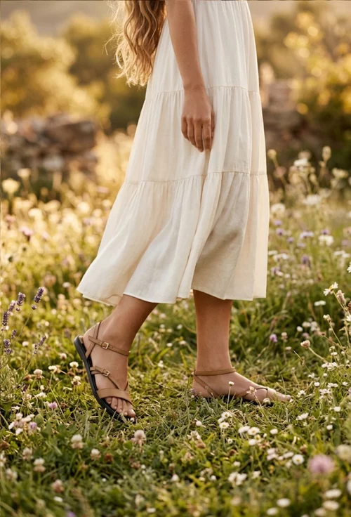 Sandale dama maro deschis din piele naturala cu barete subtiri