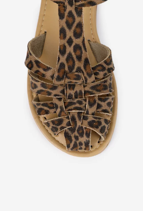 Sandale dama maro din piele cu imprimeu animal print