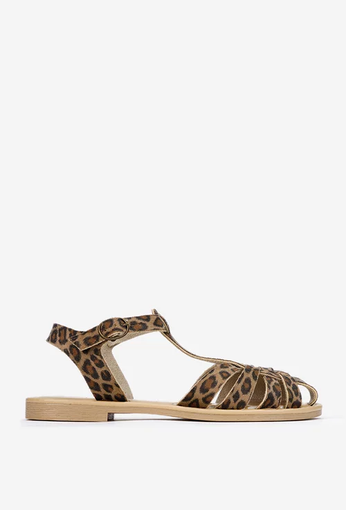 Sandale dama maro din piele cu imprimeu animal print