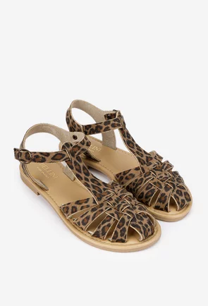 Sandale dama maro din piele cu imprimeu animal print