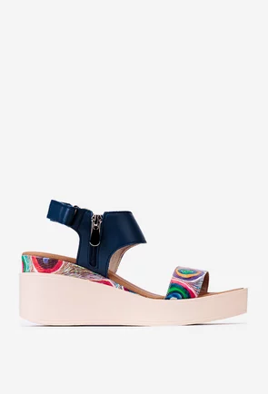 Sandale dama navy din piele cu imprimeu geometric colorat