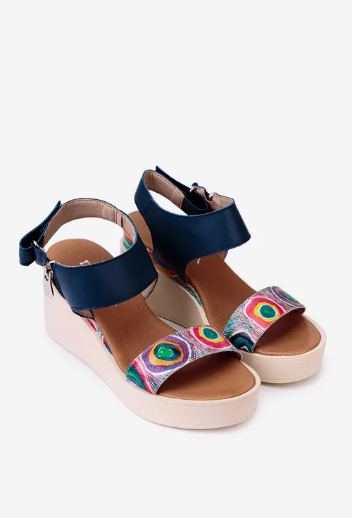 Sandale dama navy din piele cu imprimeu geometric colorat