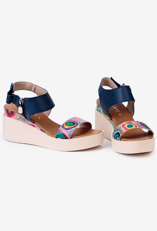 Sandale dama navy din piele cu imprimeu geometric colorat