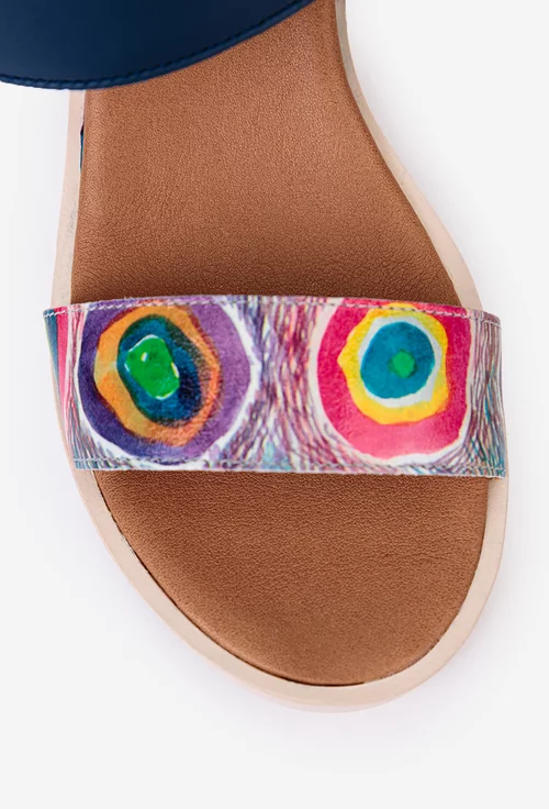 Sandale dama navy din piele cu imprimeu geometric colorat