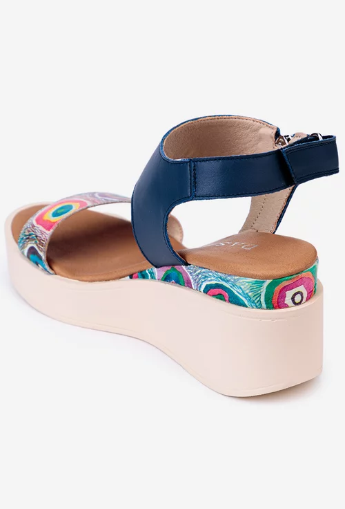 Sandale dama navy din piele cu imprimeu geometric colorat