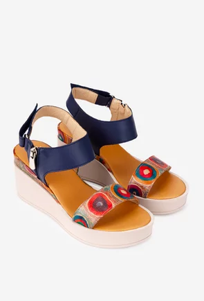 Sandale dama navy din piele cu imprimeu geometric colorat
