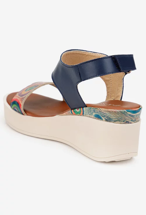 Sandale dama navy din piele cu imprimeu geometric colorat