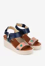 Sandale dama navy din piele cu imprimeu geometric colorat