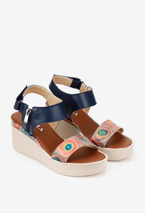 Sandale dama navy din piele cu imprimeu geometric colorat