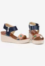 Sandale dama navy din piele cu imprimeu geometric colorat