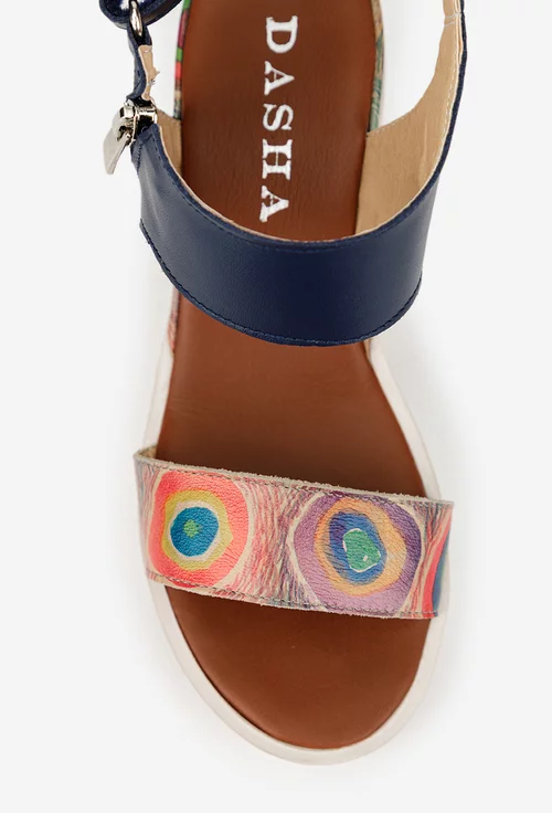 Sandale dama navy din piele cu imprimeu geometric colorat