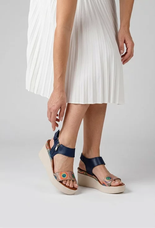 Sandale dama navy din piele cu imprimeu geometric colorat