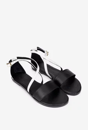 Sandale dama negre cu alb realizate din piele naturala