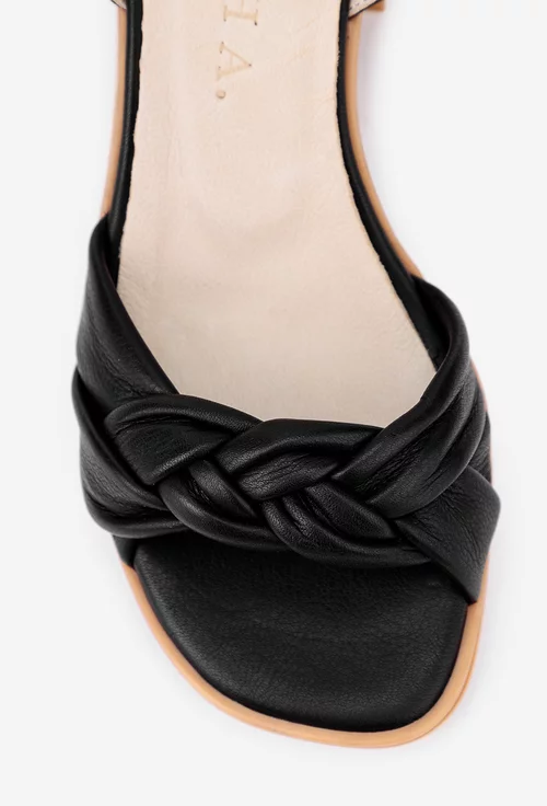 Sandale dama negre din piele cu bareta model impletit