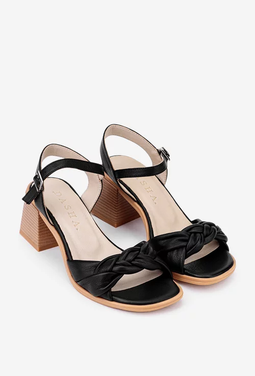 Sandale dama negre din piele cu bareta model impletit