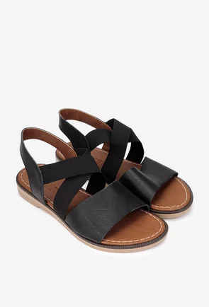 Sandale dama negre din piele cu barete elastice