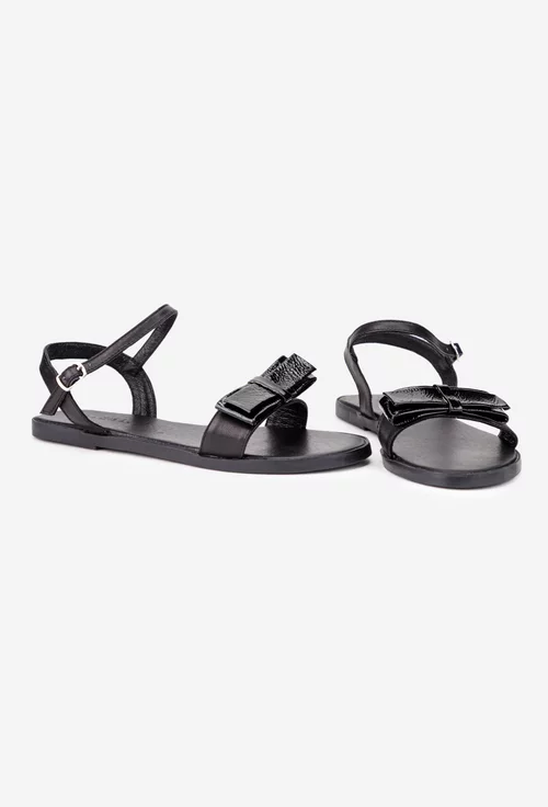 Sandale dama negre din piele cu funda
