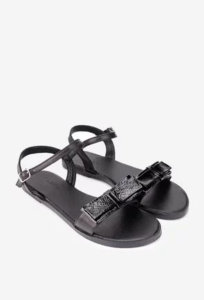 Sandale dama negre din piele cu funda