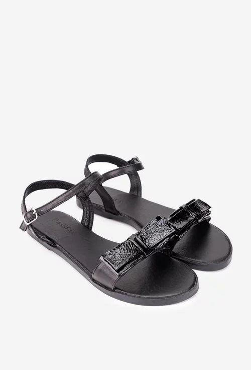 Sandale dama negre din piele cu funda