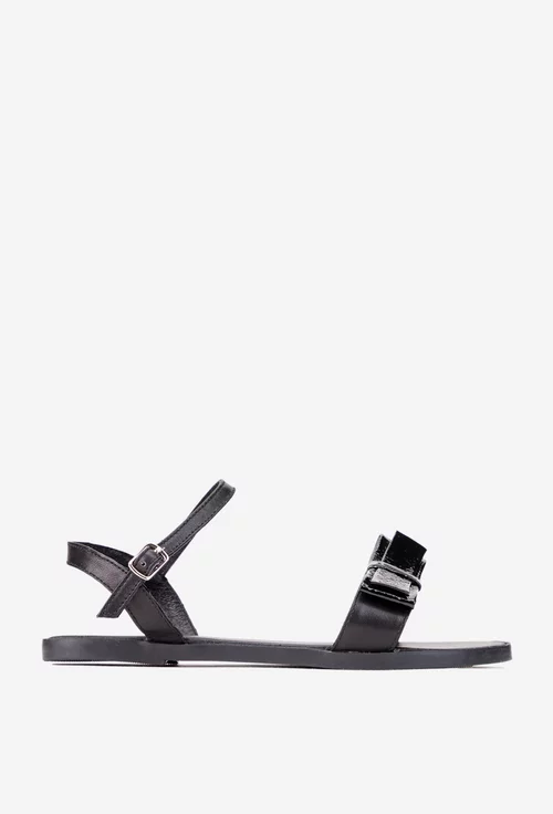 Sandale dama negre din piele cu funda