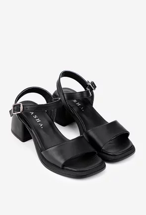 Sandale dama negre din piele cu varful patrat