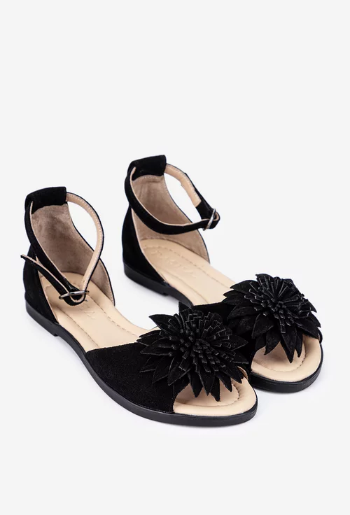 Sandale dama negre din piele intoarsa cu detaliu floare