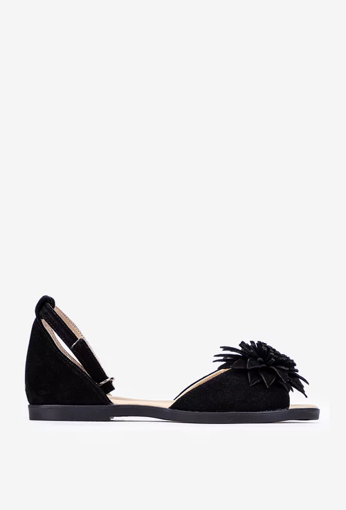 Sandale dama negre din piele intoarsa cu detaliu floare