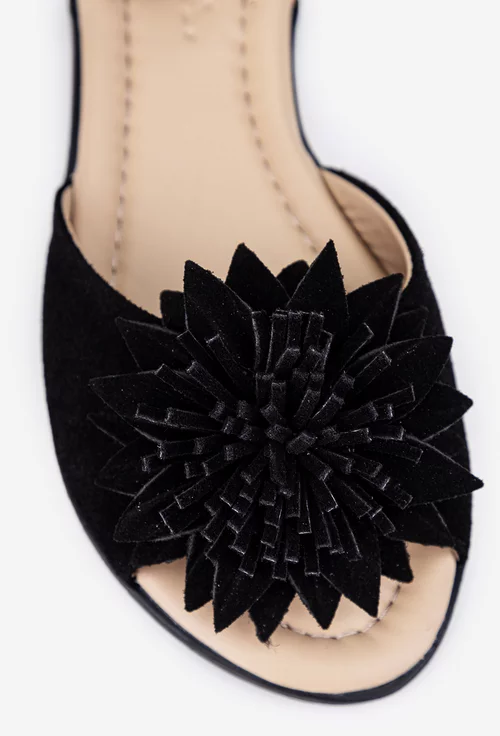 Sandale dama negre din piele intoarsa cu detaliu floare