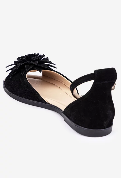 Sandale dama negre din piele intoarsa cu detaliu floare