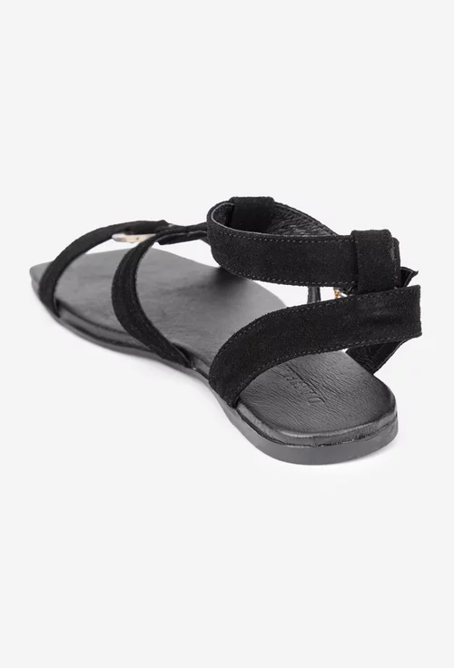 Sandale dama negre din piele intoarsa cu ornament