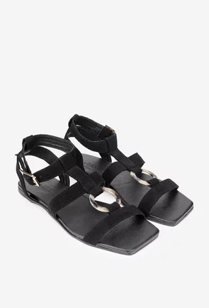 Sandale dama negre din piele intoarsa cu ornament
