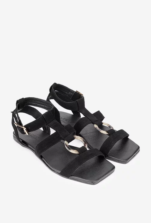 Sandale dama negre din piele intoarsa cu ornament