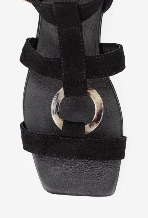 Sandale dama negre din piele intoarsa cu ornament