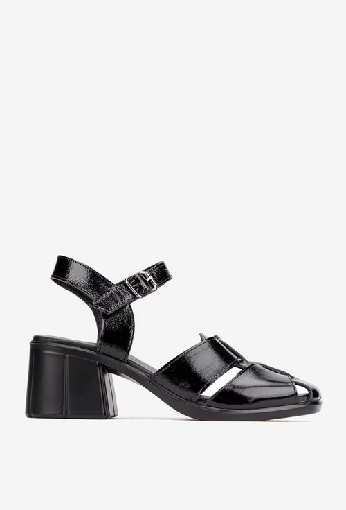 Sandale dama negre din piele lacuita cu toc