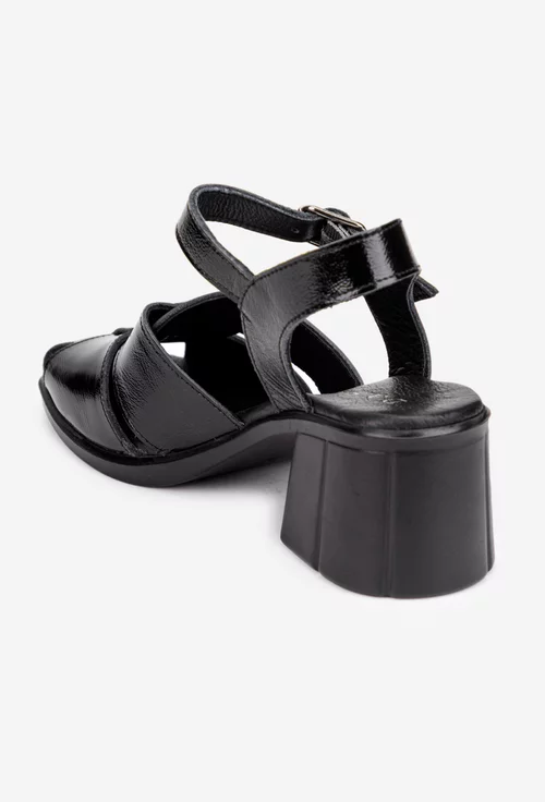 Sandale dama negre din piele lacuita cu toc