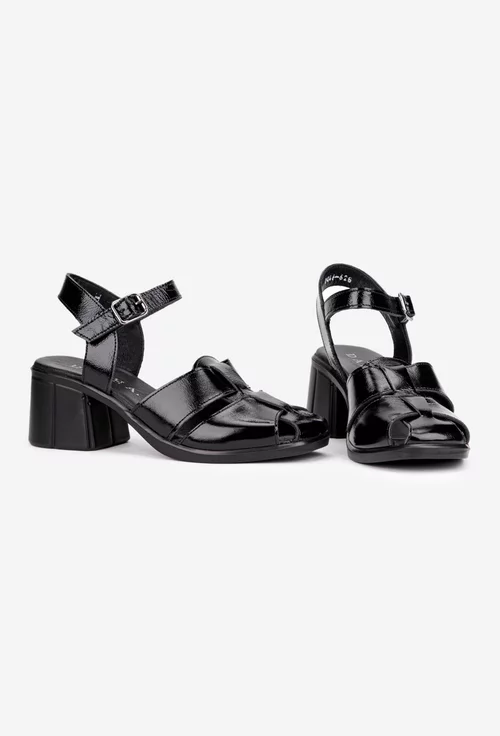 Sandale dama negre din piele lacuita cu toc
