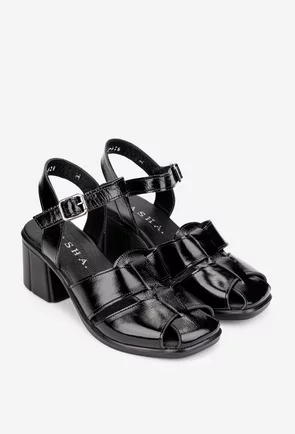 Sandale dama negre din piele lacuita cu toc