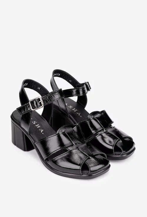 Sandale dama negre din piele lacuita cu toc