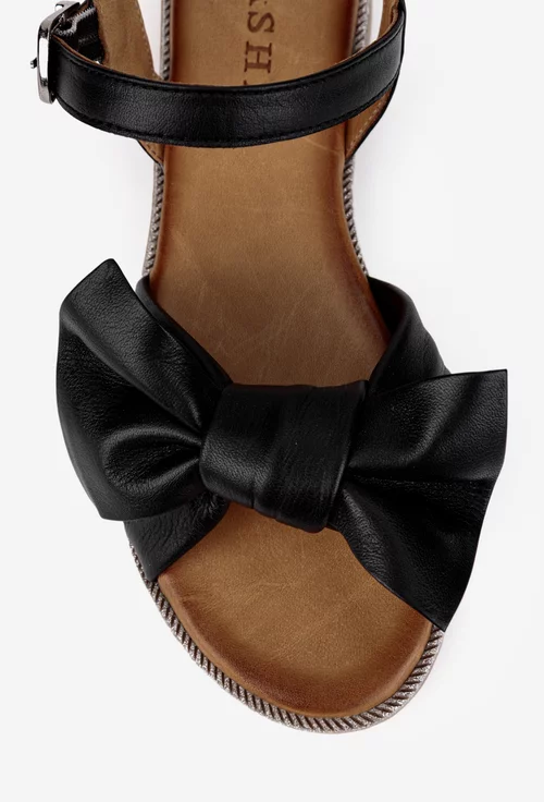 Sandale dama negre din piele naturala accesorizate cu funda
