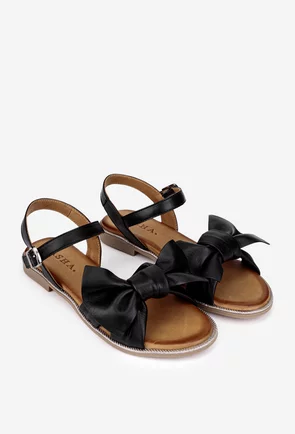 Sandale dama negre din piele naturala accesorizate cu funda