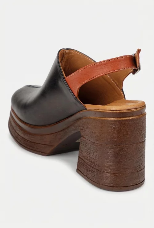 Sandale dama negre din piele naturala cu bareta maro