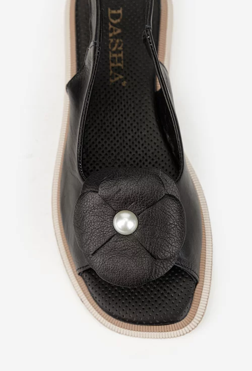 Sandale dama negre din piele naturala cu floare picture - 7