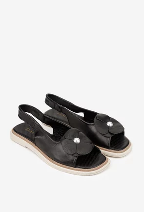 Sandale dama negre din piele naturala cu floare