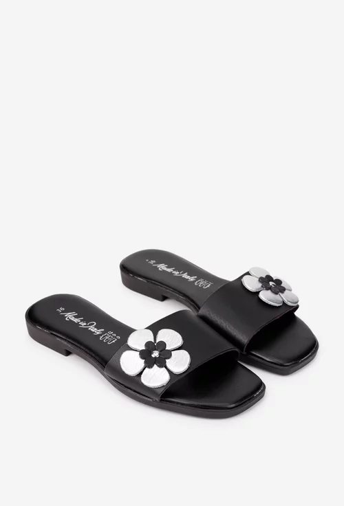 Sandale dama negre din piele naturala cu floare model tip papuc