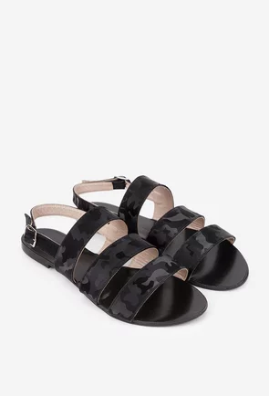 Sandale dama negre din piele naturala cu imprimeu