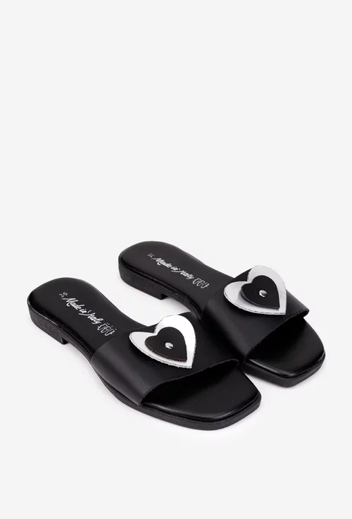 Sandale dama negre din piele naturala cu ornament model stil papuc