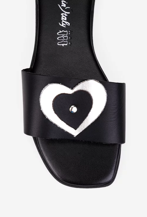 Sandale dama negre din piele naturala cu ornament model stil papuc