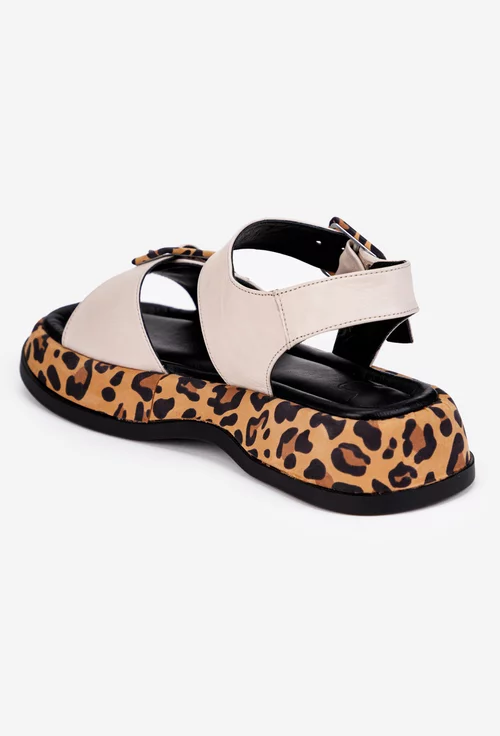 Sandale dama NUR bej cu imprimeu animal print din piele naturala